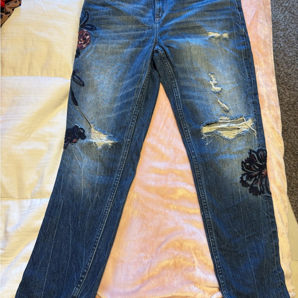Abercrombie & Fitch Distressed Blue Jeans with Floral Embroidery